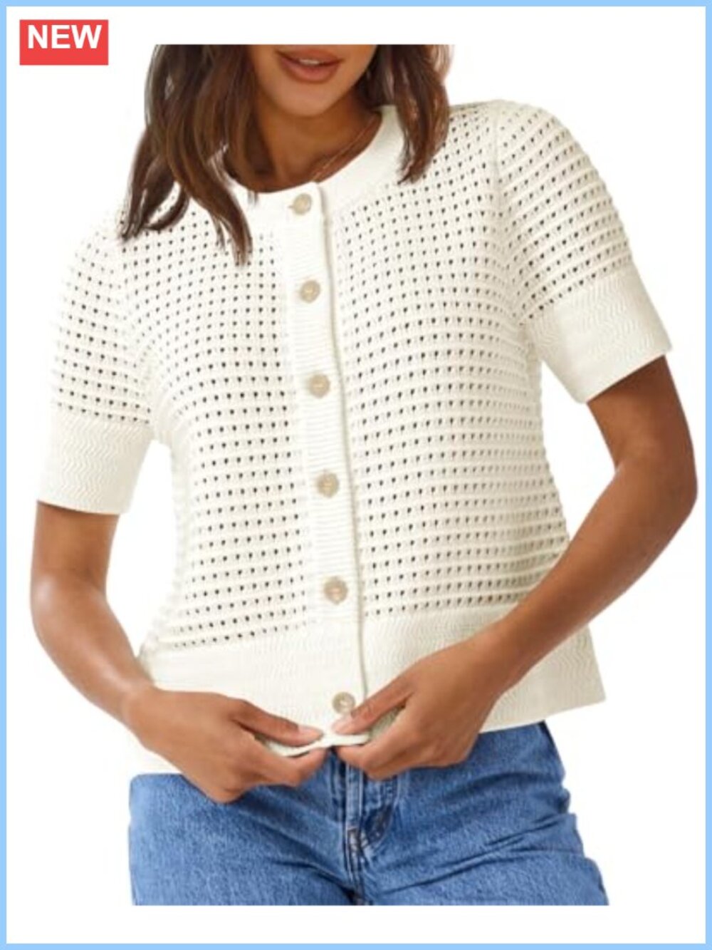 Women's Crochet Short Sleeve Button Down Cardigan Summer Beach Boho Sweater Top